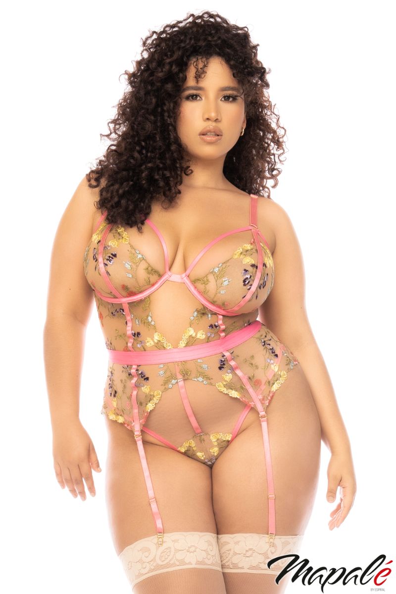 Sheer Floral Teddy with Garters MA8821 - Nude/Pink