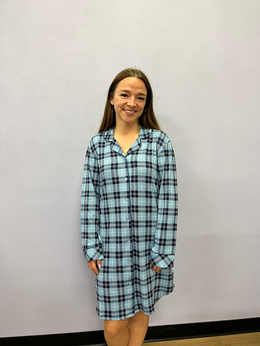 Long-sleeved Plaid Button Front Sleepshirt - Blue