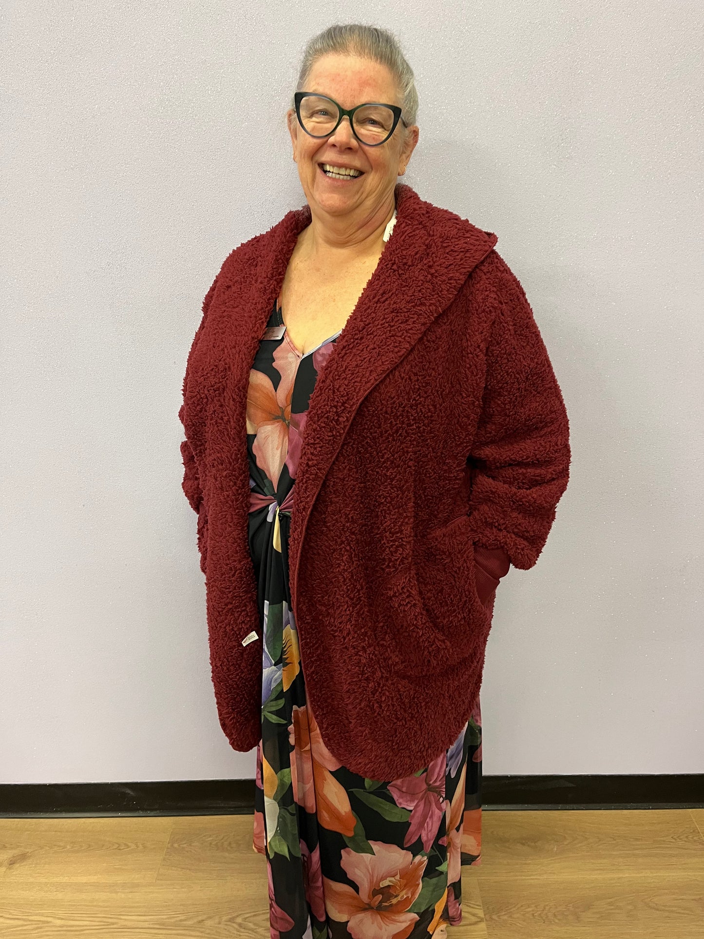 32" Hooded Sherpa Jacket with Pockets - Wine