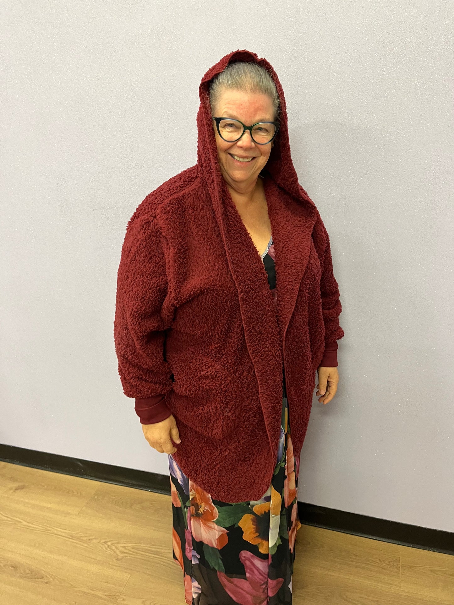 32" Hooded Sherpa Jacket with Pockets - Wine