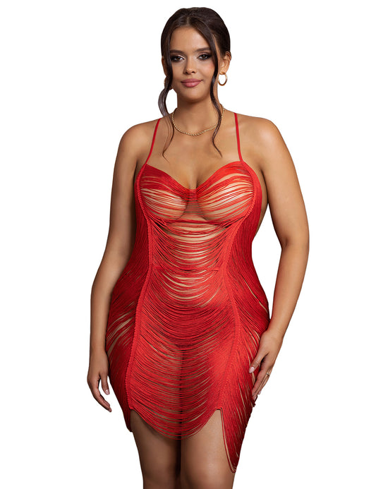 Fringe Chemise and Thong 81173 - Red
