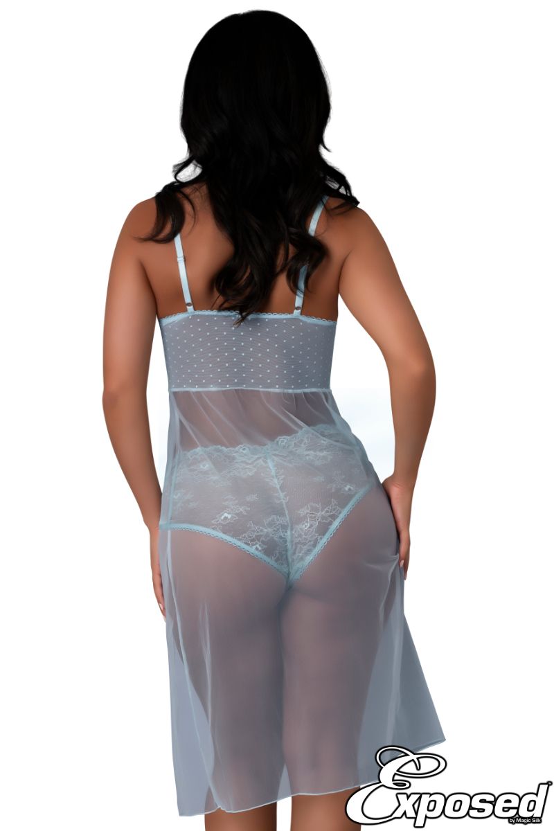 Dot Mesh Flyaway Gown with Panty MSM415 - Blue