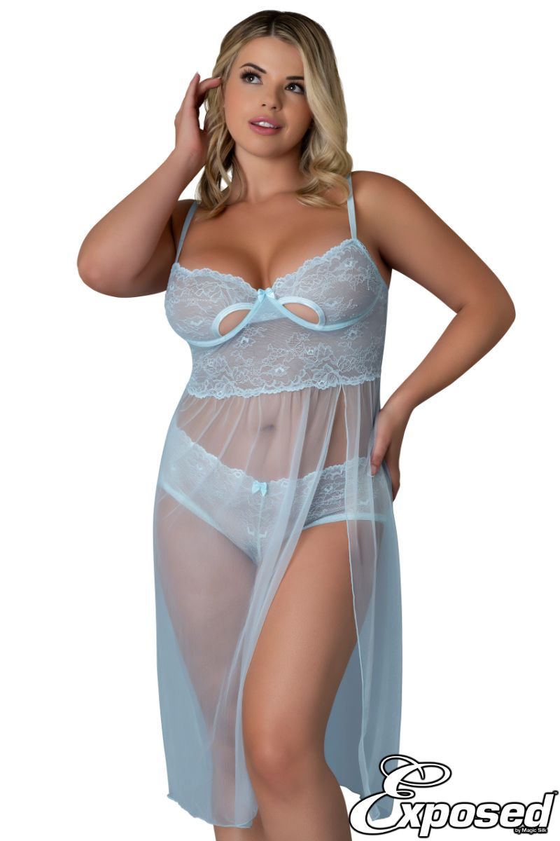 Dot Mesh Flyaway Gown with Panty MSM415 - Blue