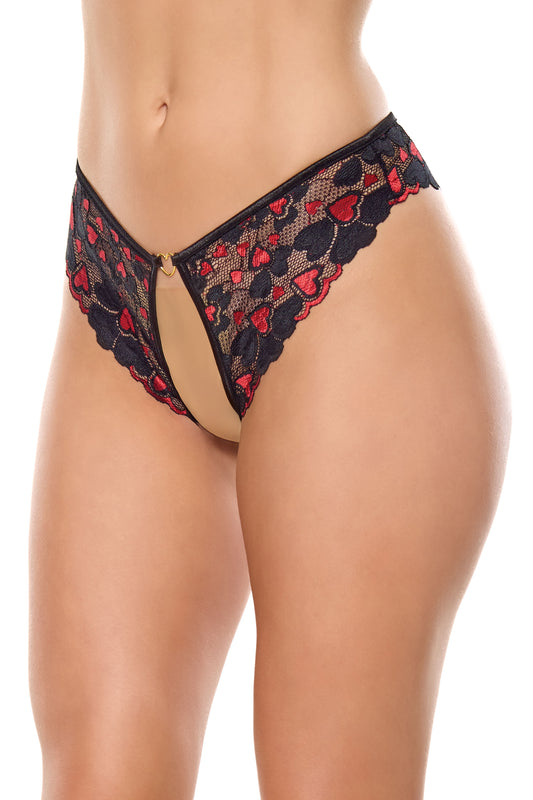 Open Crotch Stretch Lace Panty 25319 - Black/Hearts