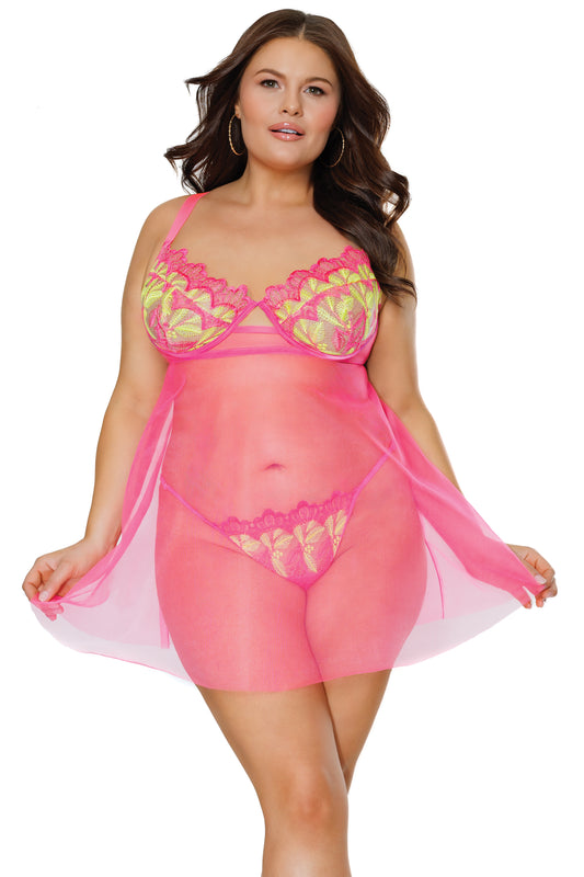 Babydoll and G-string 24112 - Neon Pink/Yellow