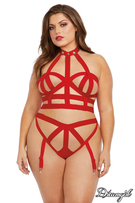 Strappy Bralette and Gartered Thong DG12365 - Red