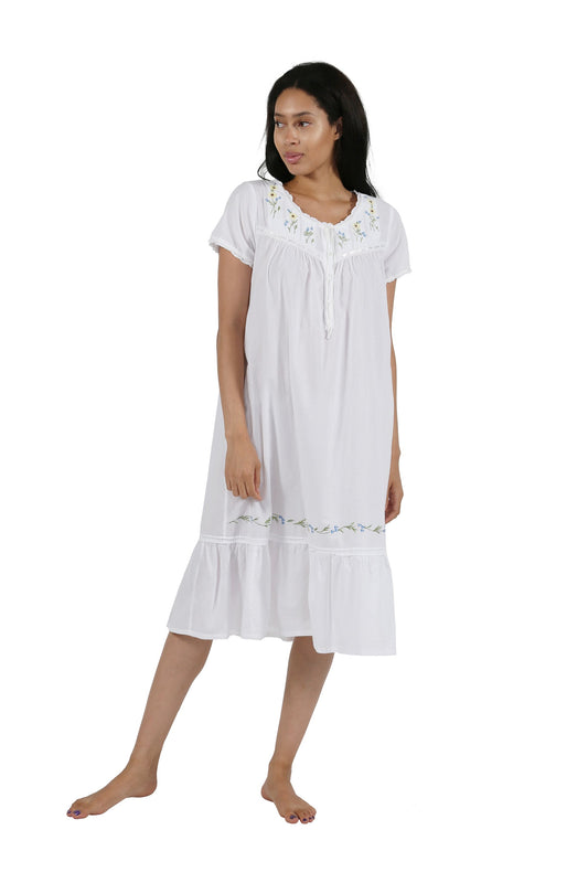 100% Cotton Short Sleeve Embroidered Gown 1282G - White