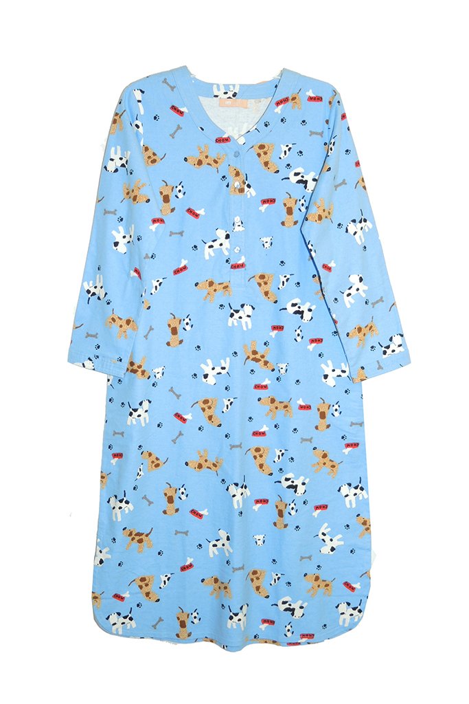 100% Cotton Flannel Henley Night Shirt 1324 - Dogs - Blue