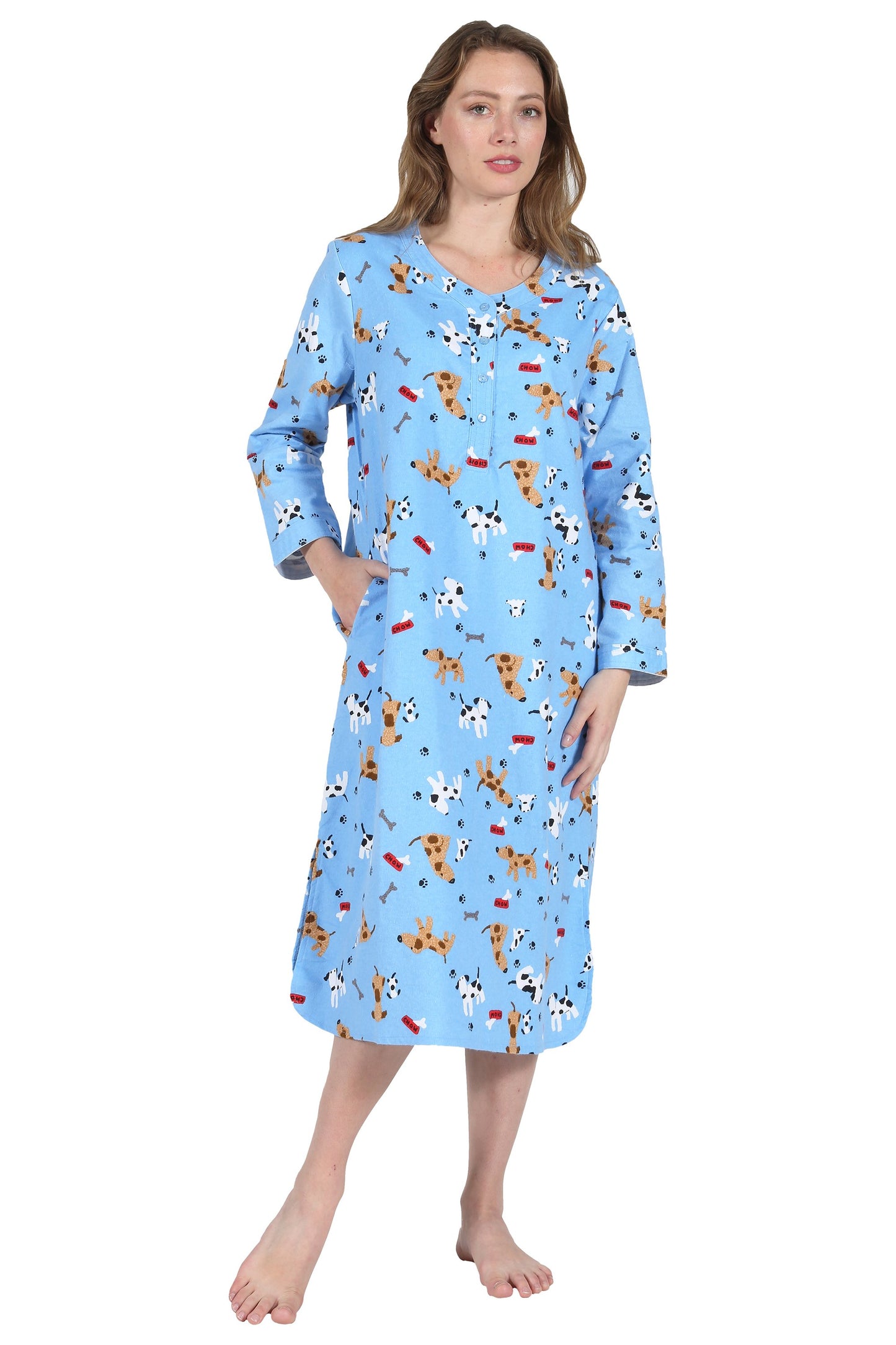 100% Cotton Flannel Henley Night Shirt 1324 - Dogs - Blue