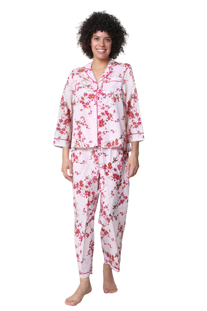 100% Cotton 3/4 Sleeve Pyjamas 1477 4087 - Cherry Blossoms