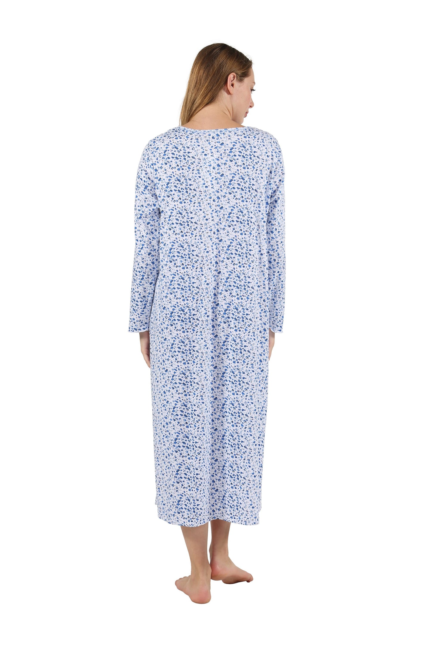 100% Cotton Knit Mid-Length Nightgown 1530G - Blue Floral