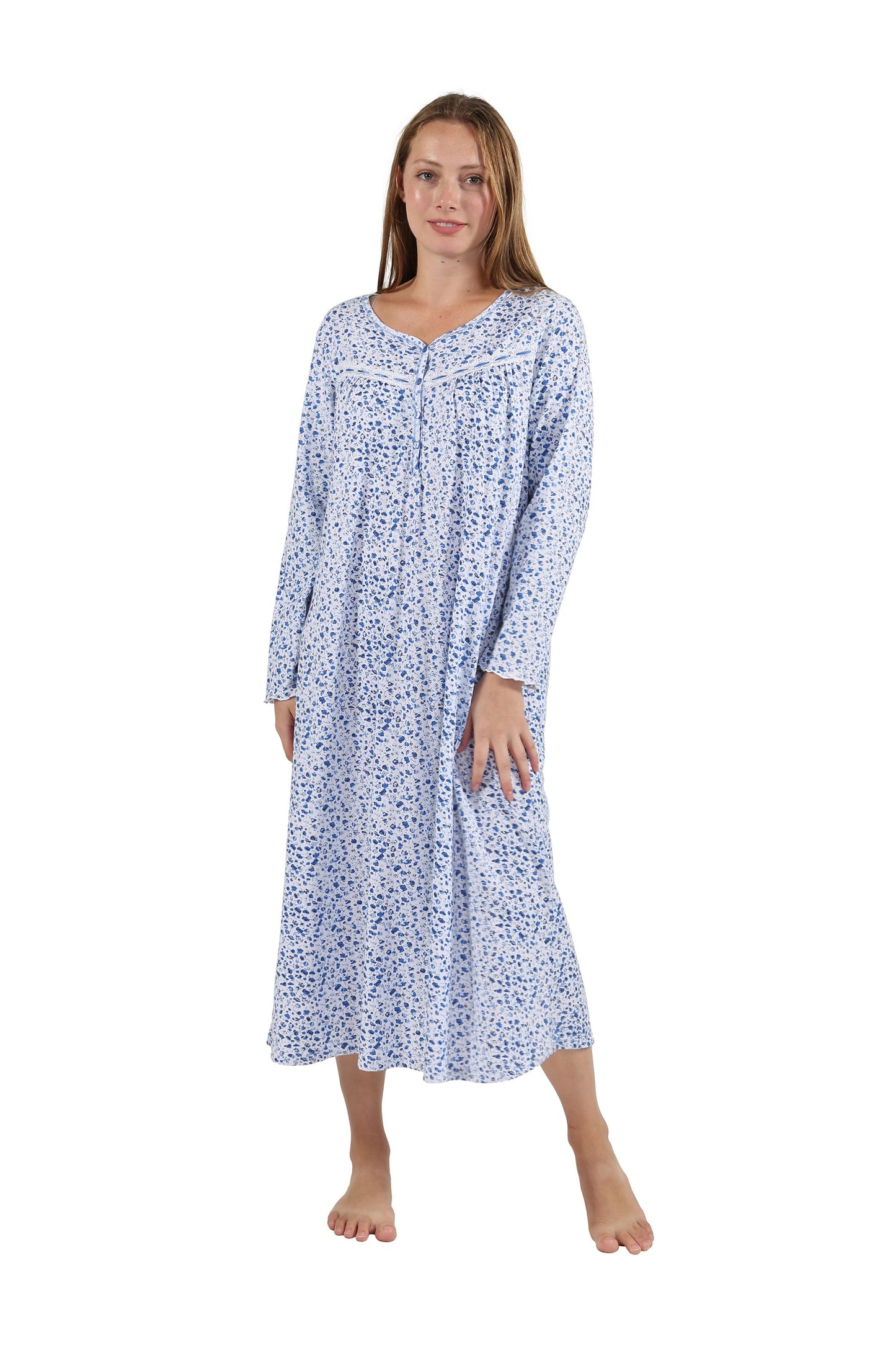 100% Cotton Knit Mid-Length Nightgown 1530G - Blue Floral