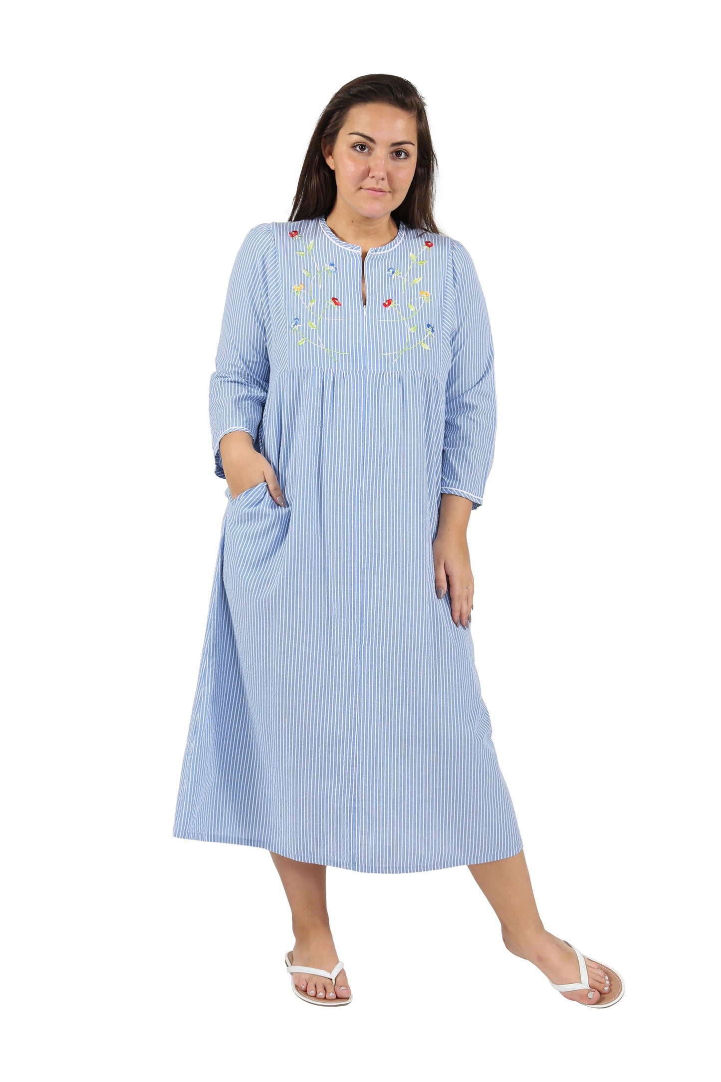 100% Cotton Seersucker Partial Zip Front Robe 1834 - Blue Stripe