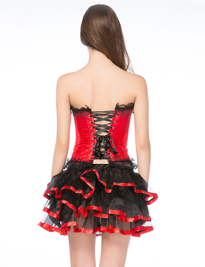 Satin Corset and Thong with Mesh Skirt 3513 - Red/Black