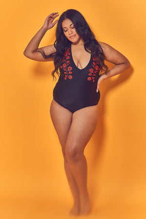 Embroidered Plunge Swimsuit 417 - Black