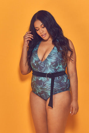 Plunge Belted Swimsuit 4001 - Tropical Palm