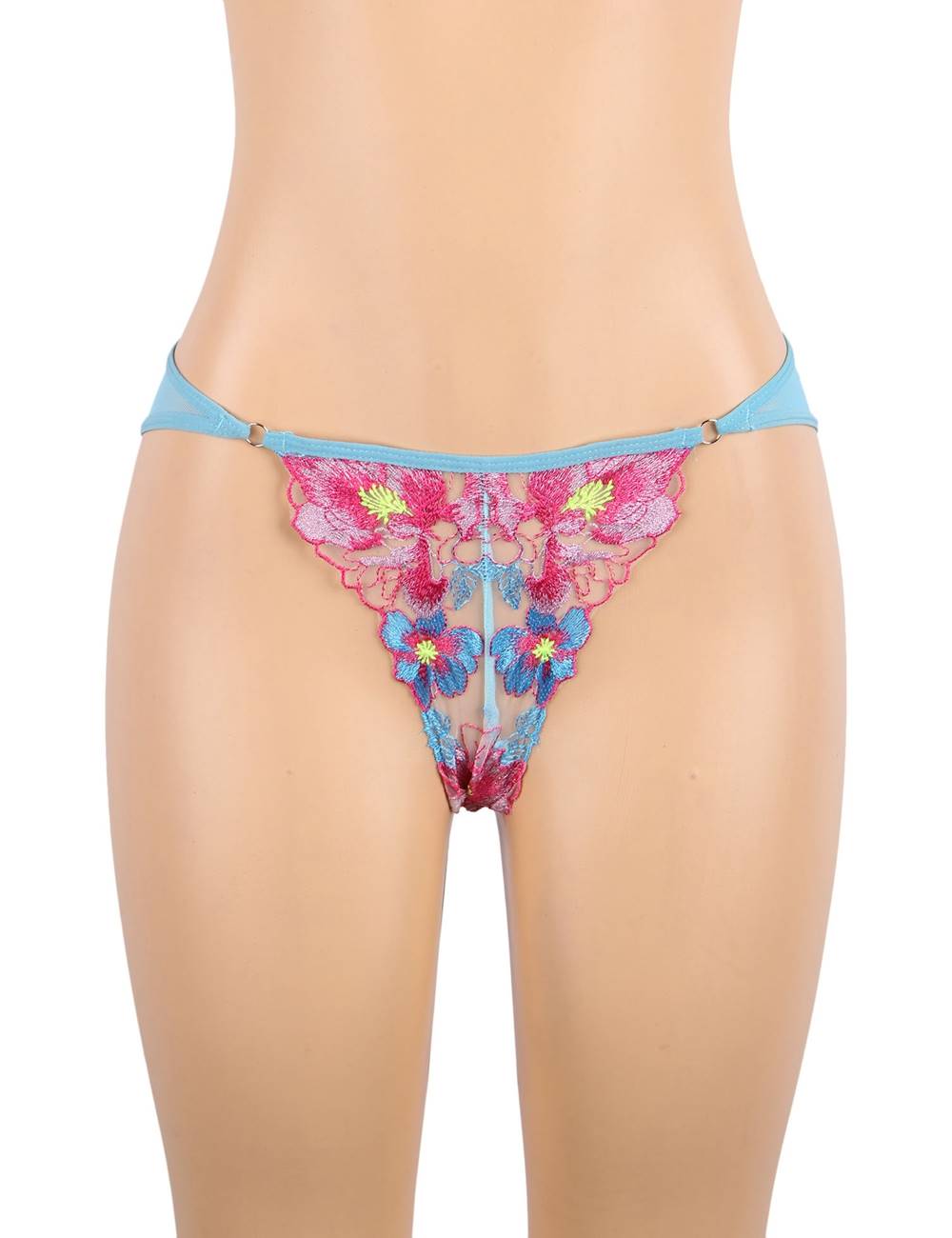 Floral Embroidery Mesh Cheeky Panty 81085 - Aqua/Pink