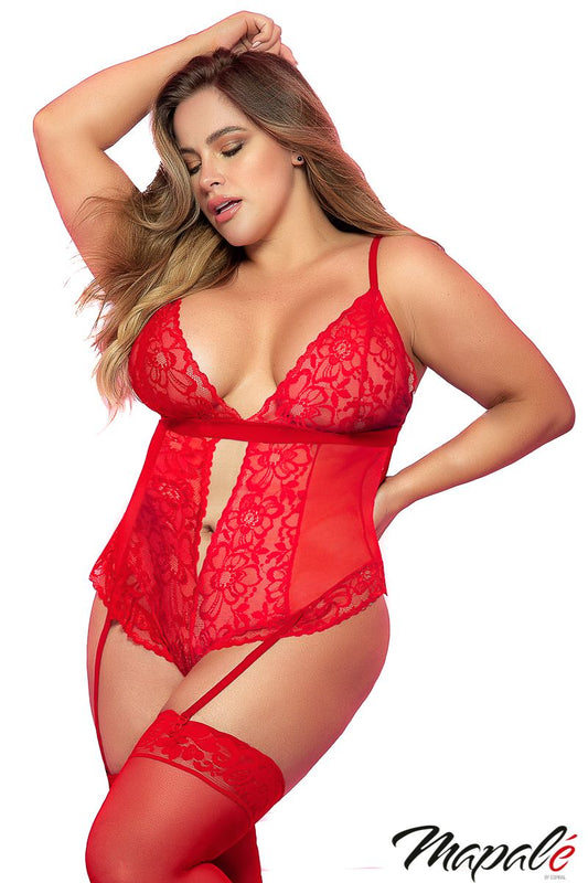 Lace and Mesh Teddy with Garters MA8568 - Red