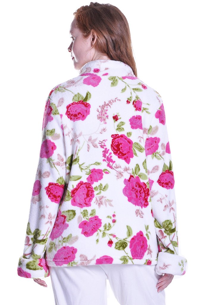 Fleece Bed Jacket/Reading Jacket 88121 - Ivory/Red Floral