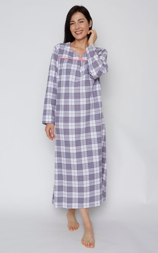 100% Cotton Flannel Long Gown 11435 - Grey Plaid