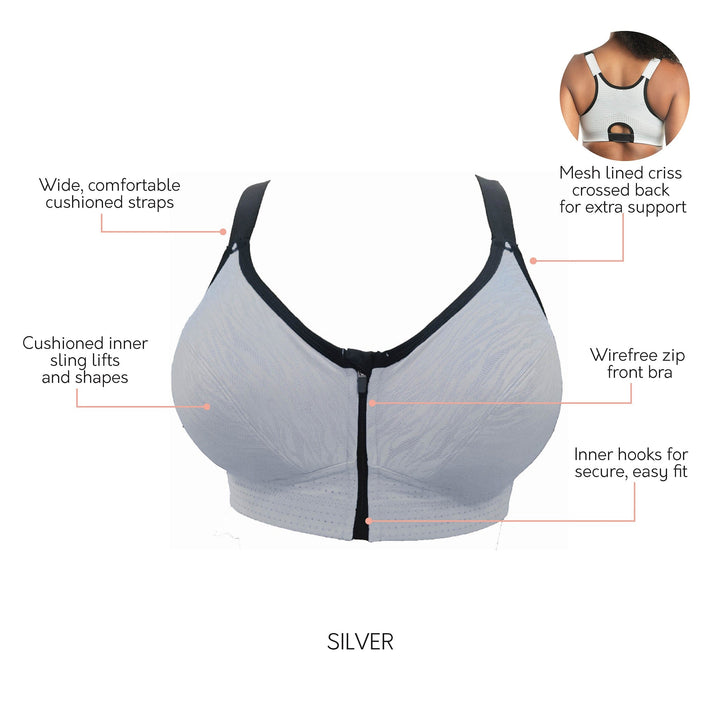 Wave Wireless Zip Front Closing Sport Bra 6052 - Silver