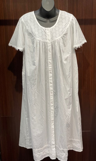 100% Cotton Short Sleeve Button-front Nightgown Robe 4253 - White