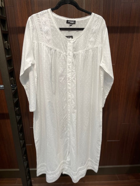 100% Cotton Swiss Dot 3/4 Sleeve Button-front Nightgown Robe 4257 - White
