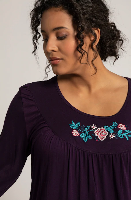 Eco Cotton Floral Embroidered Nightgown 75085580 - Aubergine