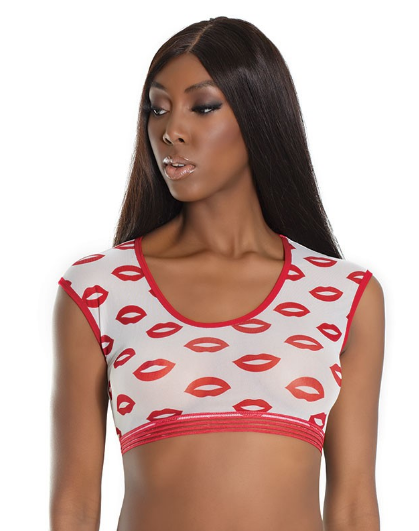 Lip Print Crop Top 2573 - White and red