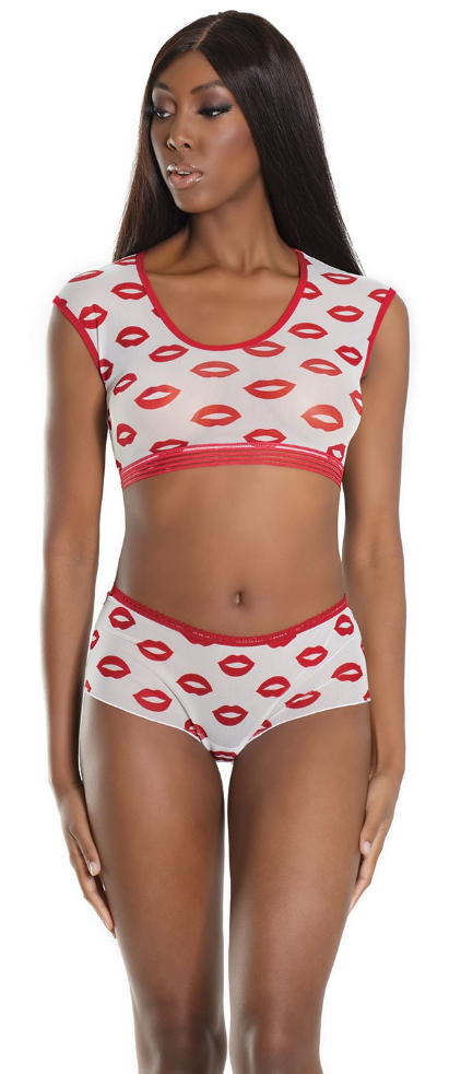 Lip Print Crop Top 2573 - White and red