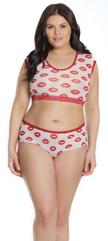 Lip Print Crop Top 2573 - White and red