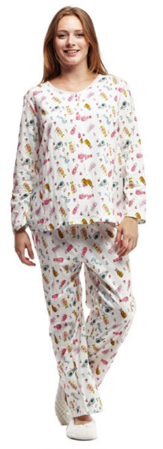 100% Cotton Knit Long Sleeve Pyjamas 1542 - Ivory/Cats