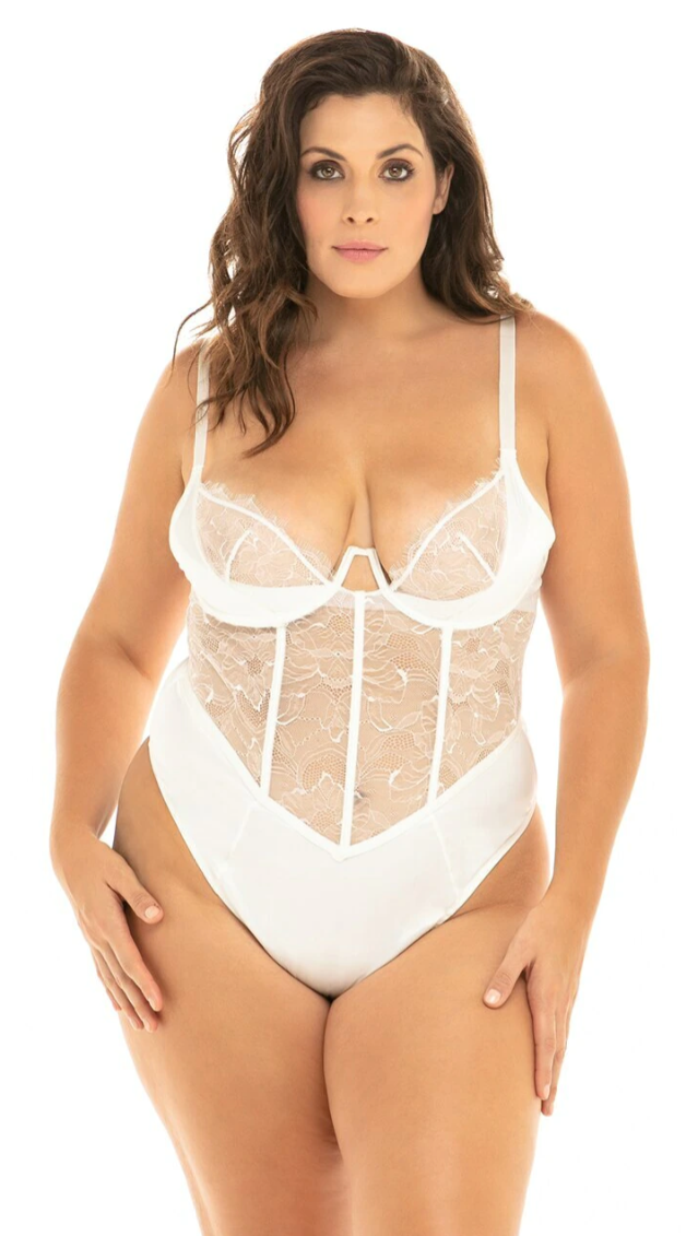 Lace and Satin Teddy with Underwire 51-11566 - White