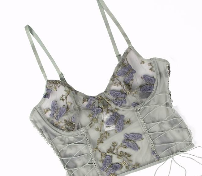 Butterfly Pattern Embroidery Mesh Longline Bralette 1023 - Grey and Purple