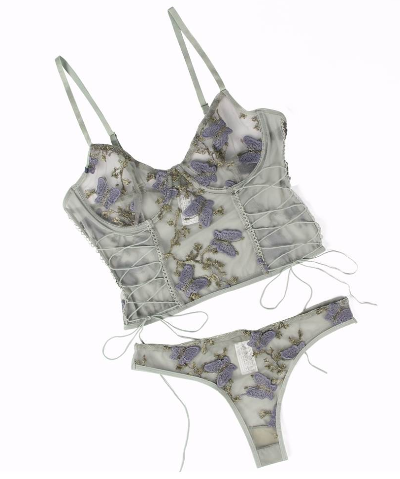 Butterfly Pattern Embroidery Mesh Cheeky Panty 1023 - Grey and Purple