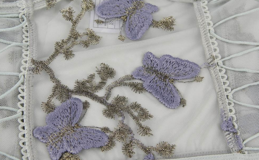 Butterfly Pattern Embroidery Mesh Longline Bralette 1023 - Grey and Purple