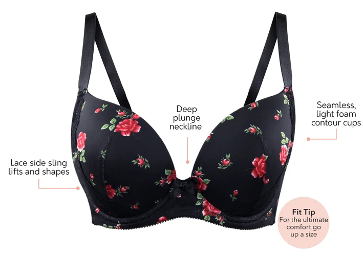 Casey Plunge T-Shirt Bra 2801 - Black with Rose Print