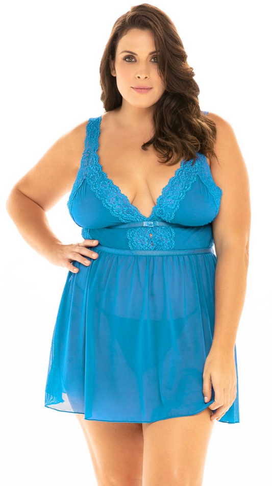 Mesh and Lace Frame Empire Babydoll with G-string 10789 - Mykonos Blue