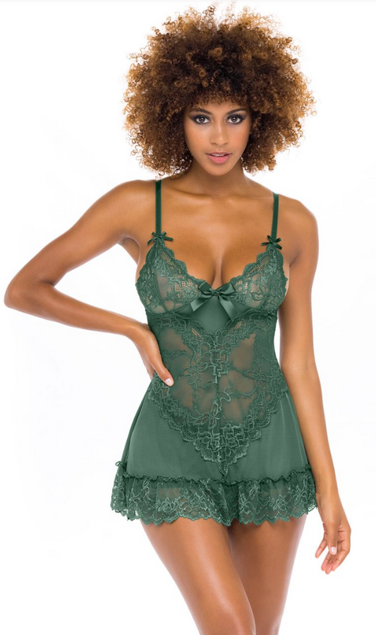 Soft Cup Lace Babydoll with G-string 2139 - Dark Green