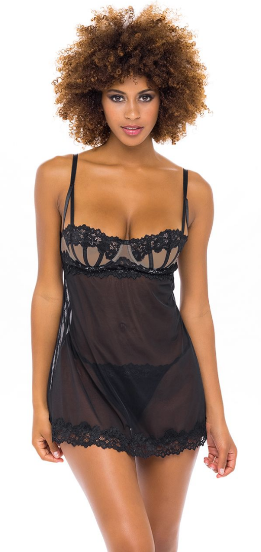 Lace Trim Open Back Babydoll with G-string 11595 - Black