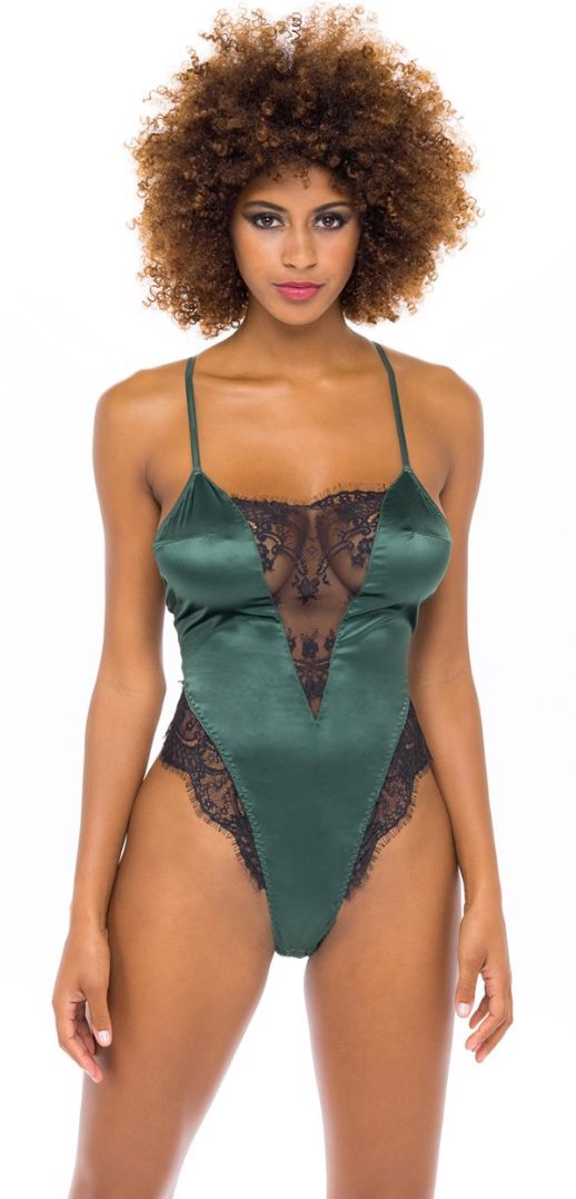 Eyelash Lace and Satin Teddy 11623 - Dark Green/Black