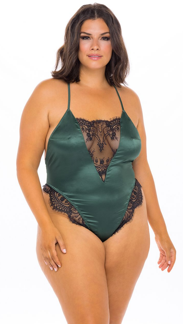 Eyelash Lace and Satin Teddy 11623 - Dark Green/Black