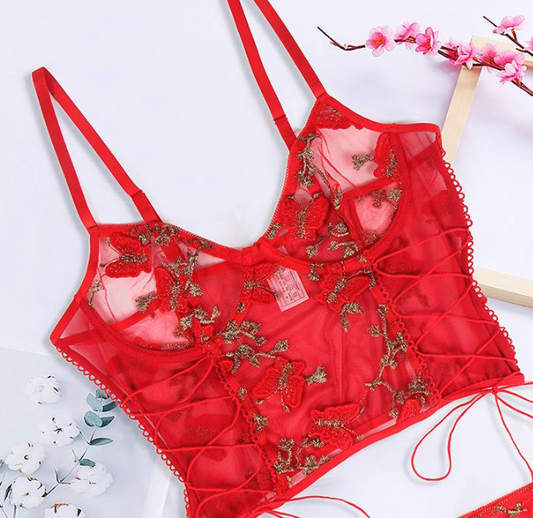 Butterfly Pattern Embroidery Mesh Longline Bralette 1023B - Red