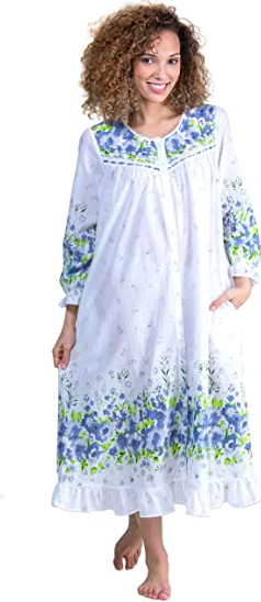 100% Cotton Ribbon Laced Button Front Robe Nightgown 1209R 55 - Wildflower Bleu
