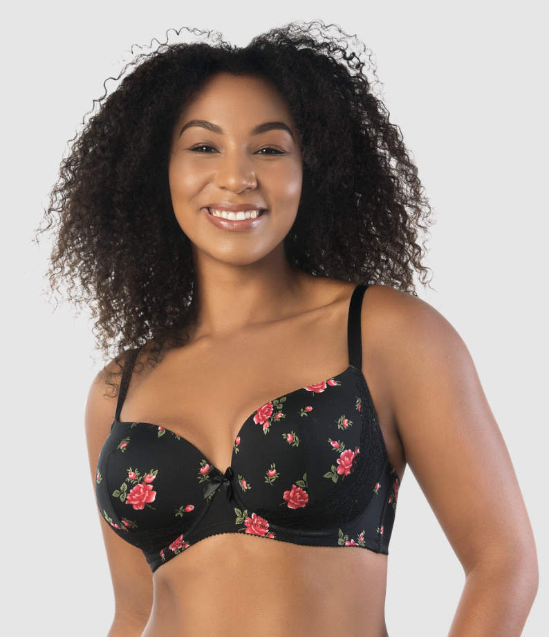 Casey Plunge T-Shirt Bra 2801 - Black with Rose Print