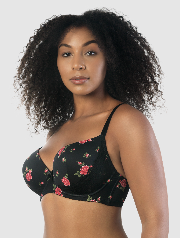 Casey Plunge T-Shirt Bra 2801 - Black with Rose Print