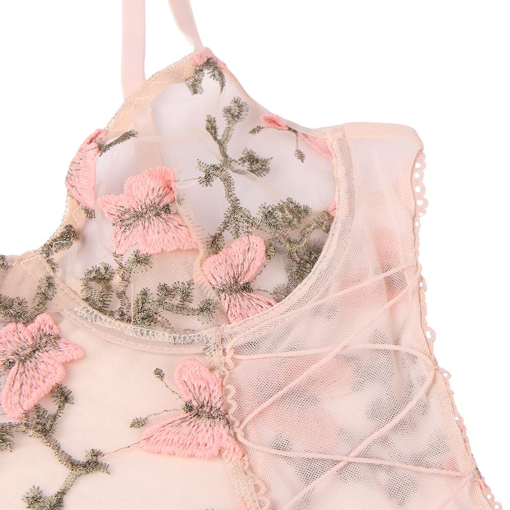 Butterfly Pattern Embroidery Mesh Longline Bralette 1023 - Pink