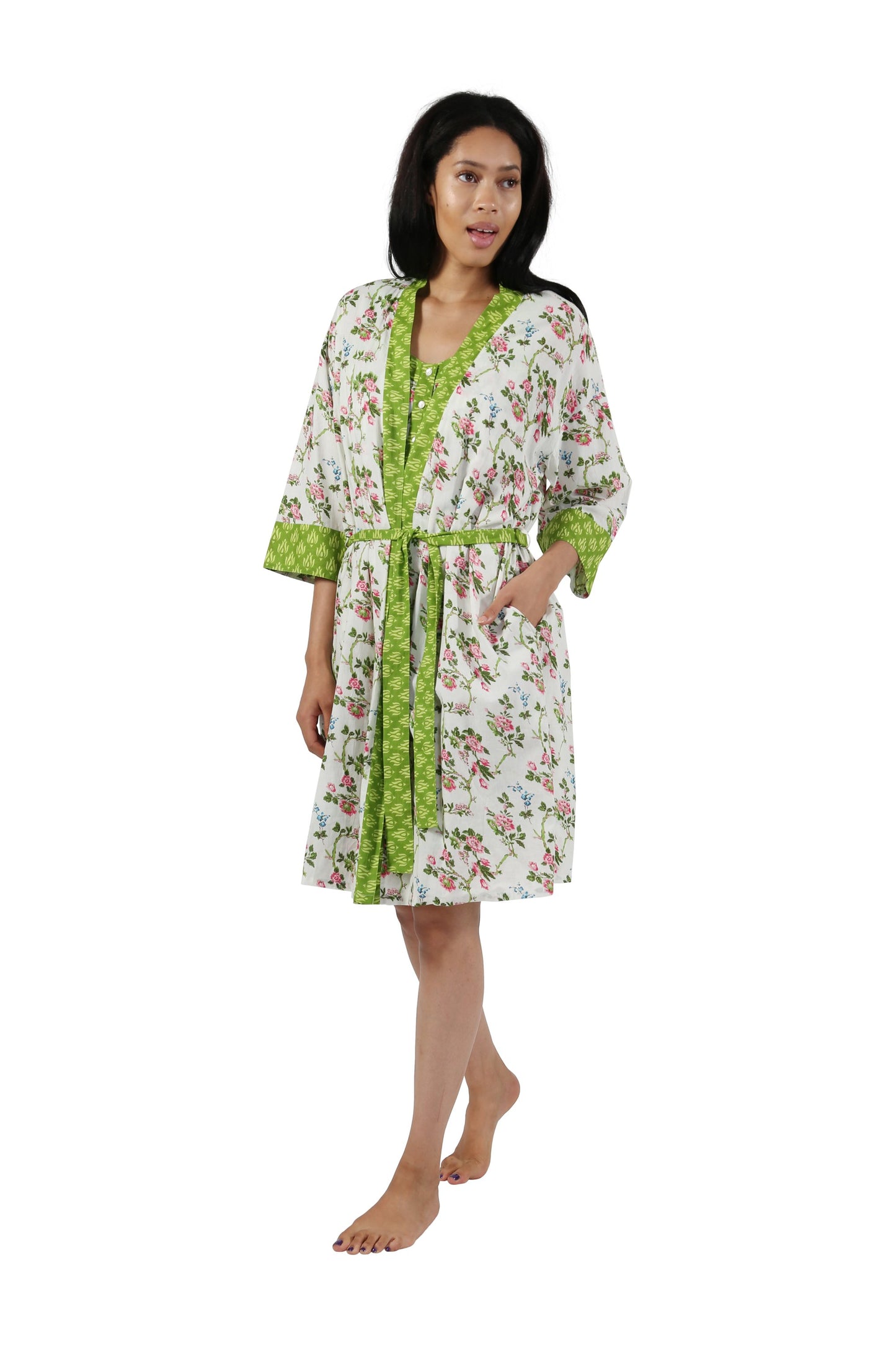 100% Cotton Floral Robe 1815F - Ivory/Green Floral