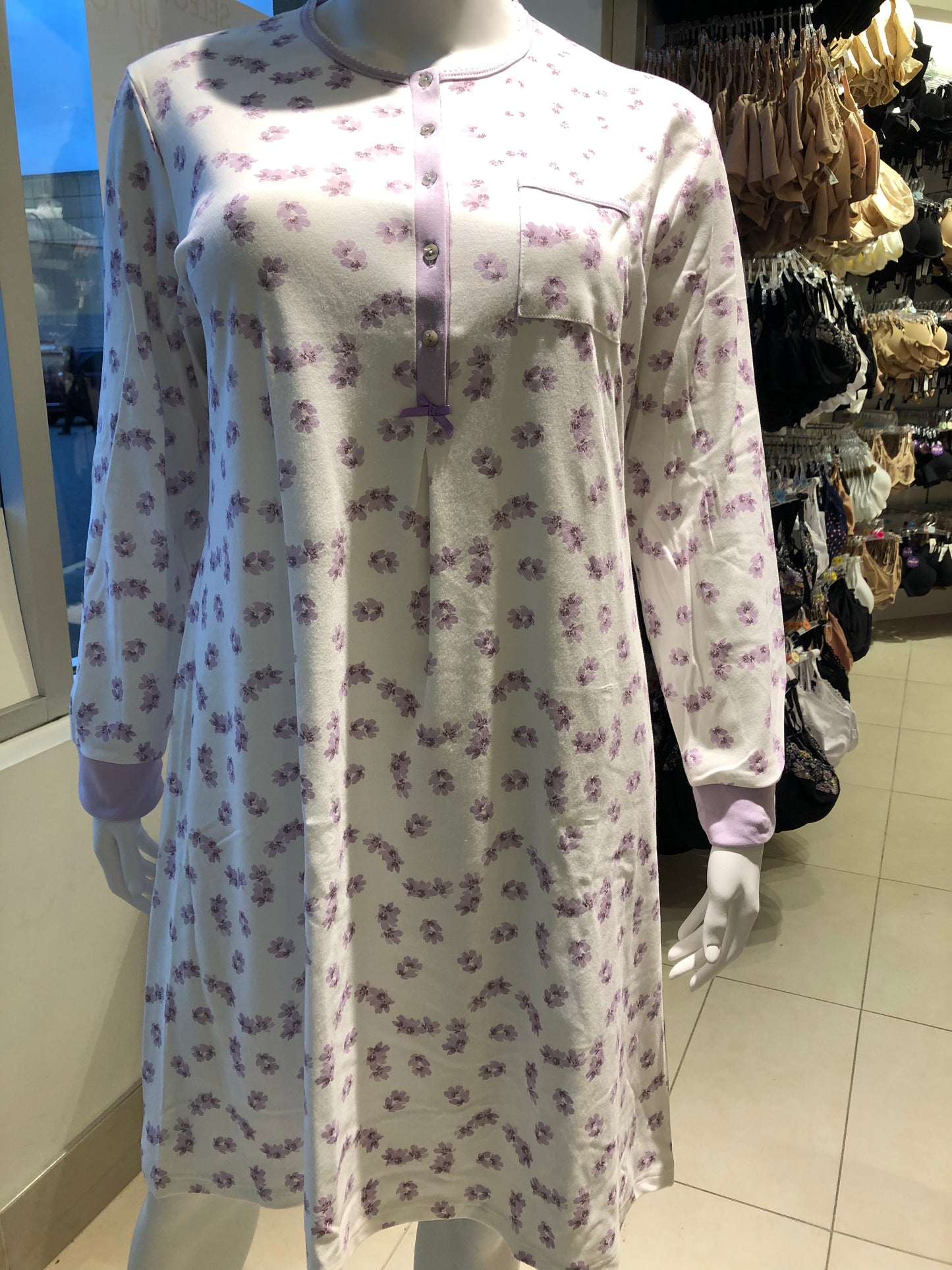 100% Cotton Long Sleeve Nightgown 51203 - Lavender Floral (Glicine)