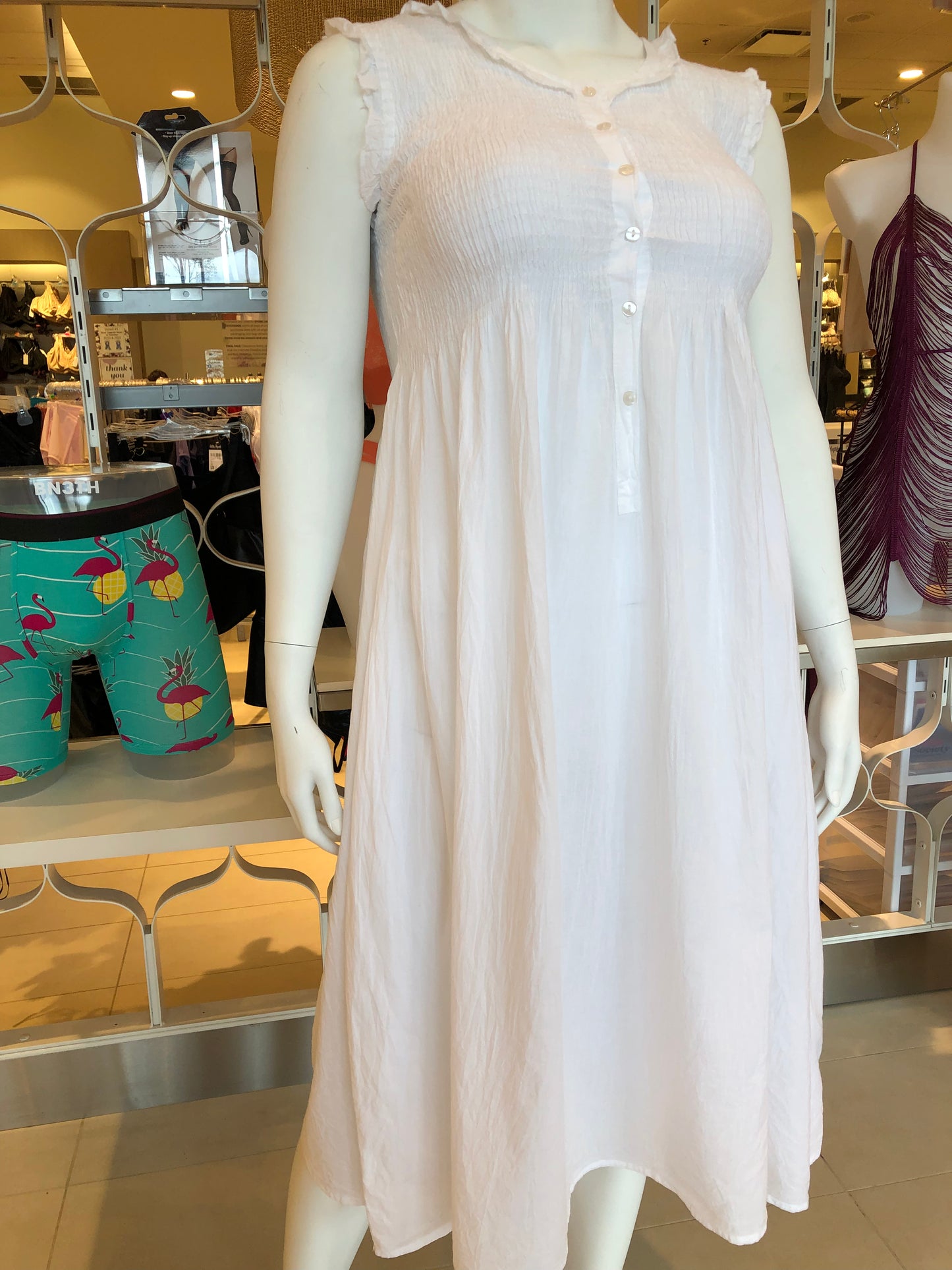 100% Cotton Sleeveless Smocked Nightgown 4256 - White